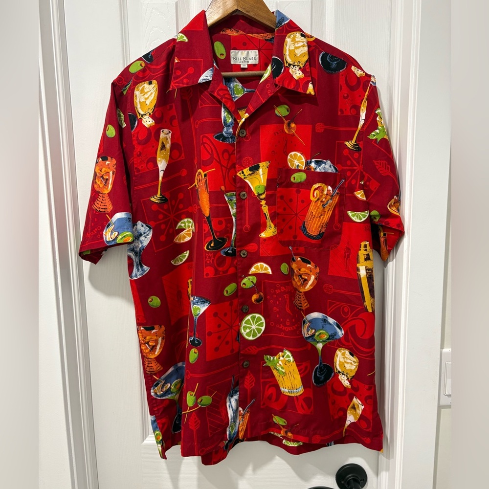 Vintage Men's Red Cocktail Print Short-Sleeve Shirt polyester large